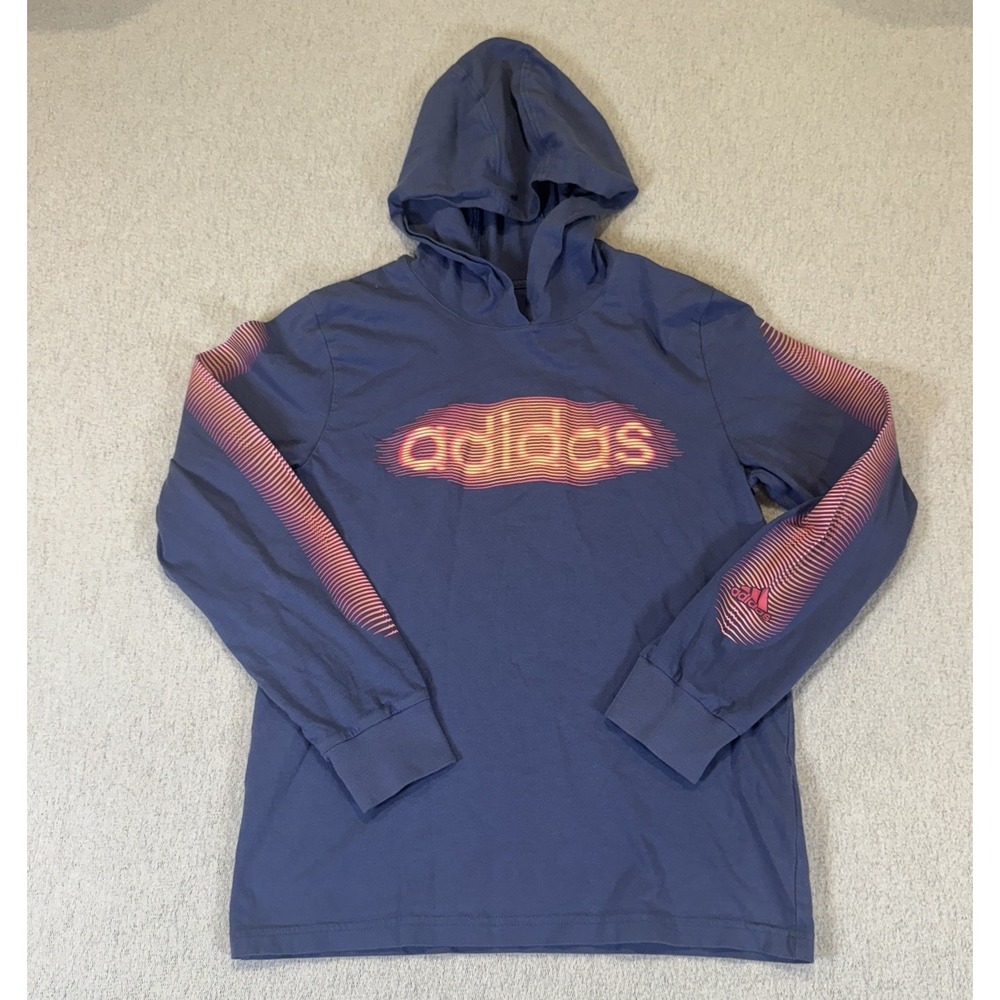 Adidas Hoodie Boys Medium Blue Graphic Long Sleeve Pullover Shirt